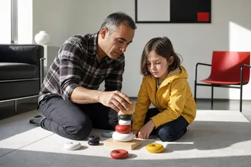 Güneşli bir terapi odasında yumuşak bir minderin üzerinde diz çökmüş bir psikiyatrist, sekiz yaşındaki bir kız çocuğuna duyusal oyuncakları üst üste dizmeyi nazikçe gösteriyor