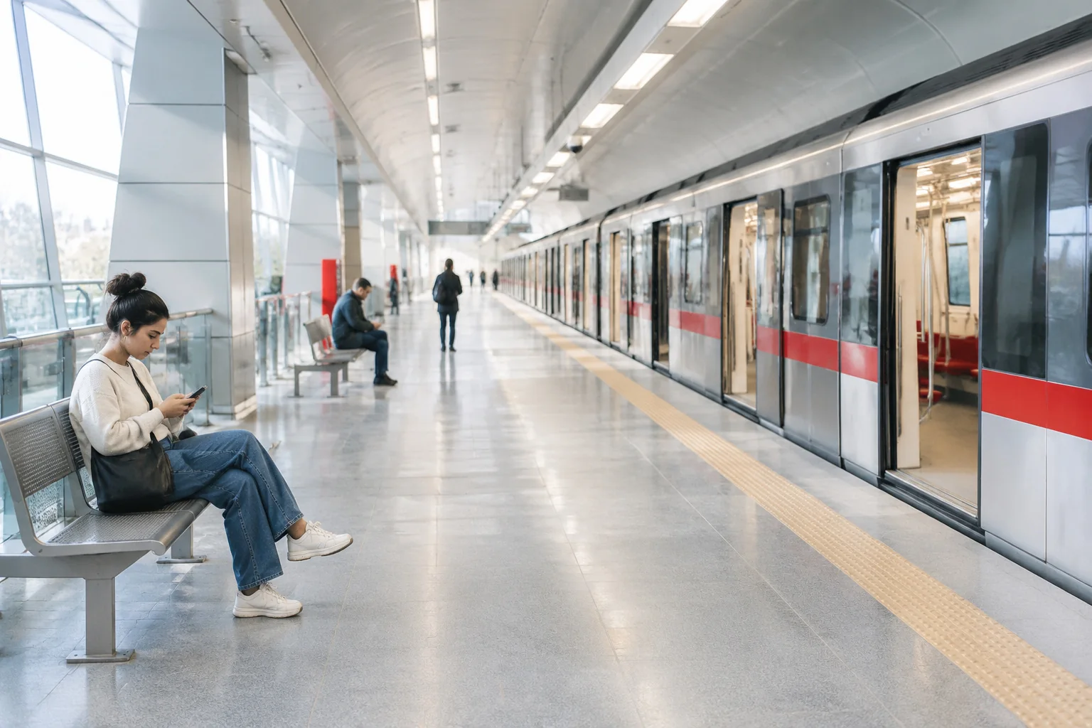 Sabahın yumuşak ışığında, uzakta birkaç kişinin göründüğü sessiz bir metro peronu