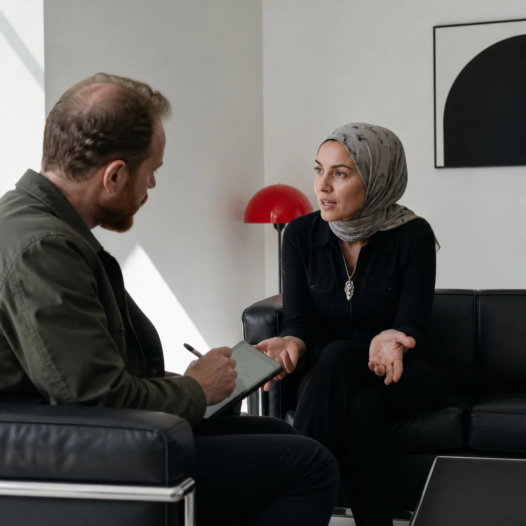 Sade ve aydınlık bir odada bir psikiyatrist tabletine not alırken karşısındaki genç kadın konuşuyor