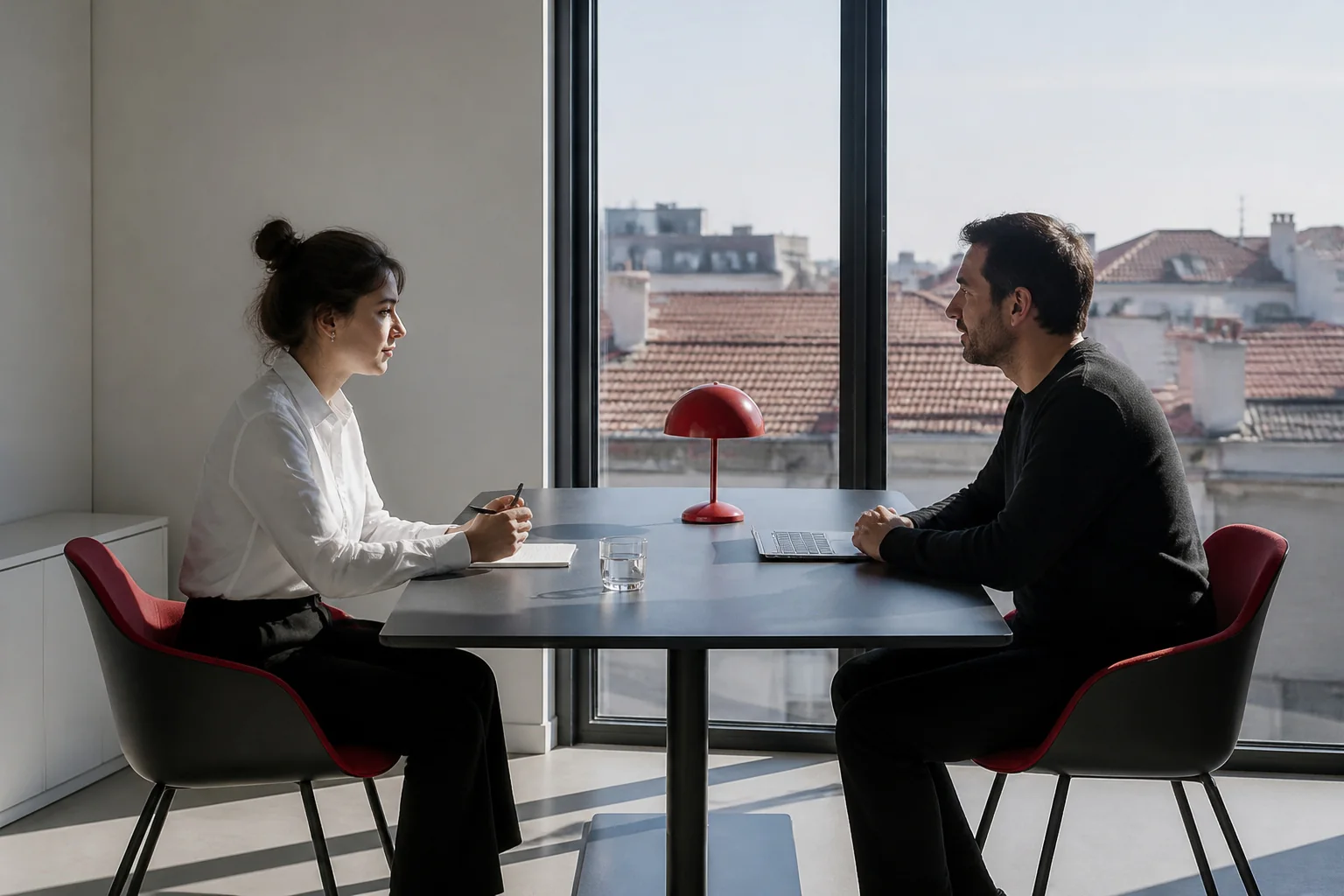 Çatıları gören geniş bir pencerenin önünde karşılıklı duran iki sandalye ve bir toplantı masası